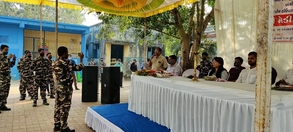 Medical camp stage with uniformed personnel