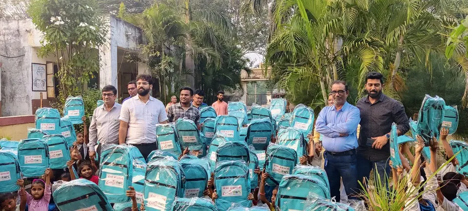 School bags piled, group